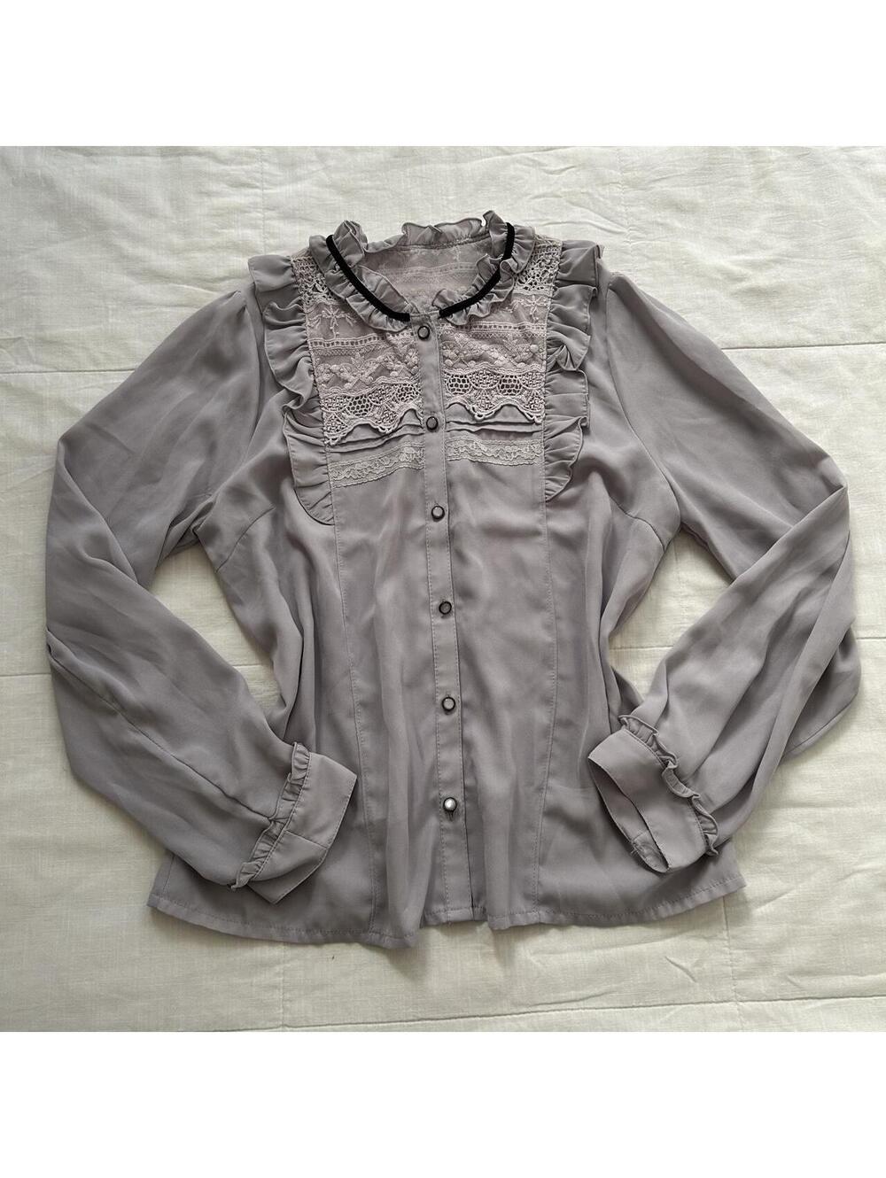 Axes Femme Lavender Lace Bib Ruffle Blouse Size M Japan